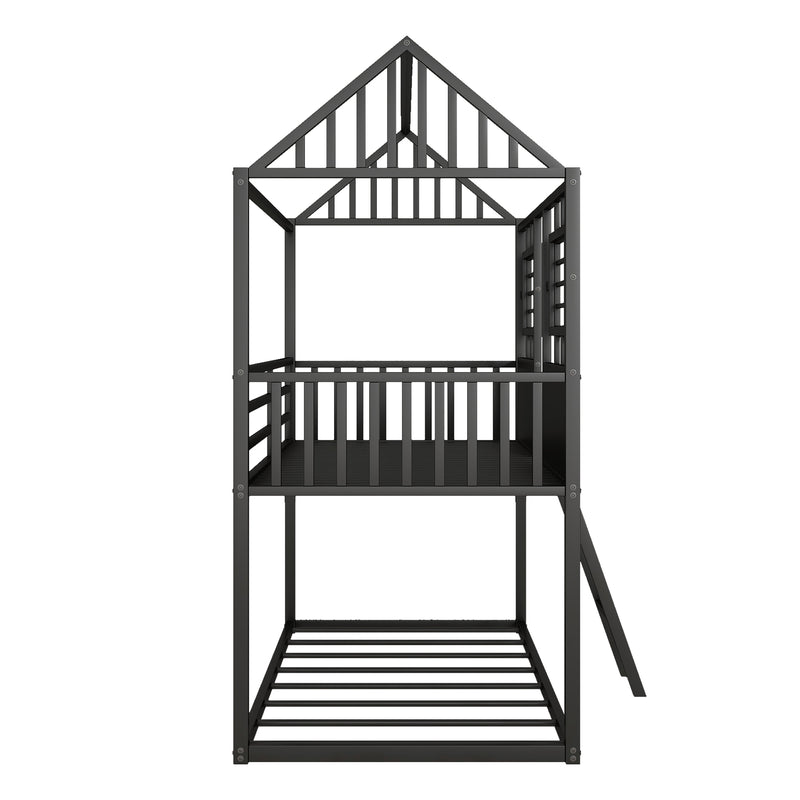 Twin over Twin Size Metal Low Bunk Beds with Roof and Fence-shaped Guardrail, Black