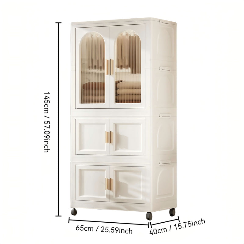 25.59" Side Wide Folding Wardrobe, 25.59" ×15.75" ×57.09" , With Magnetic Door, Plastic Storage Cabinet With Wheels ( One Layer Of Wardrobe + Two Layers Of Folding Boxes + 10 Hangers ) - Cream White