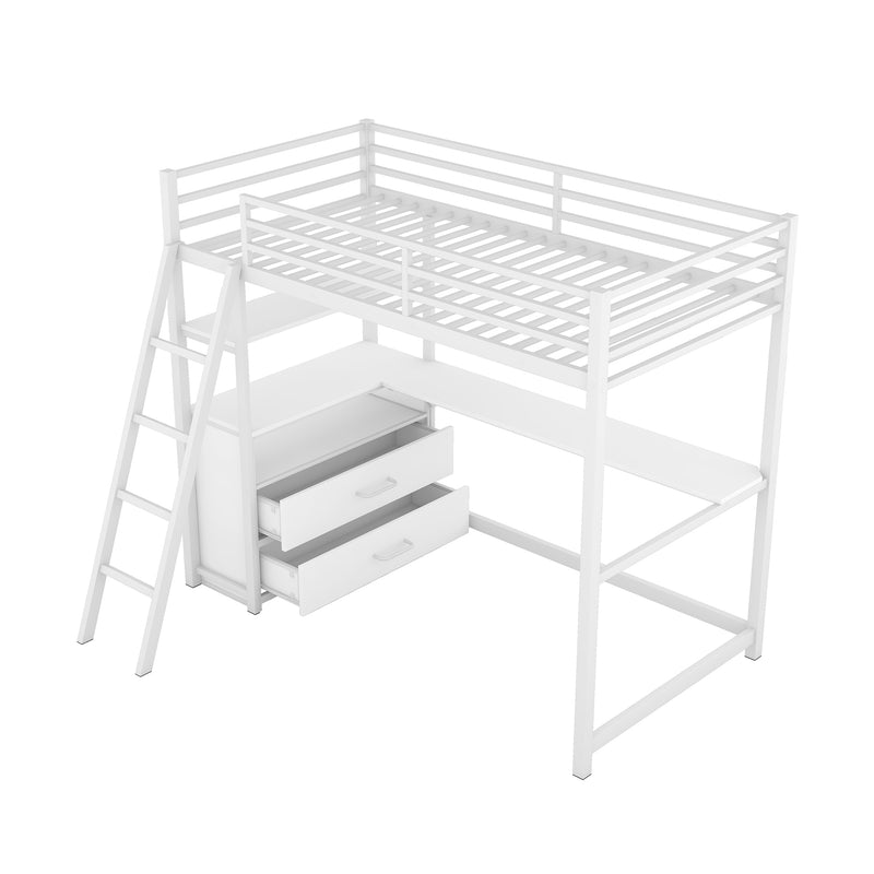 Twin Size Metal&Wood Loft Bed with Desk and Shelves, Two Built-in Drawers, White