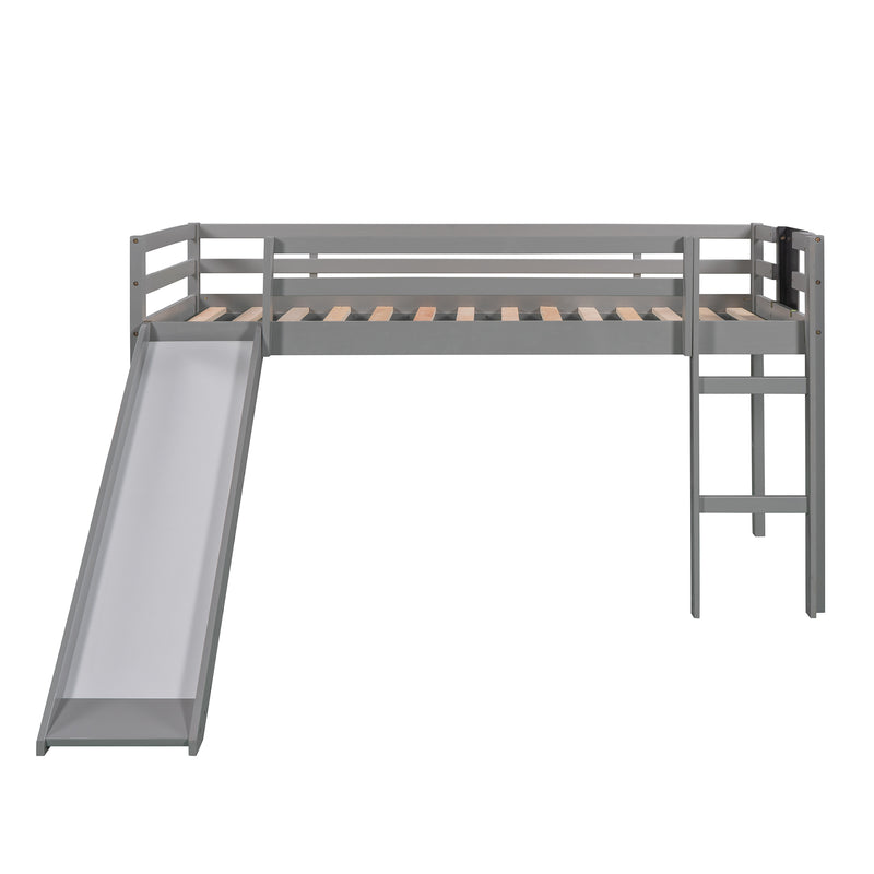 Twin size Loft Bed Wood Bed with Slide, Stair and Chalkboard,Gray(OLD SKU :WF282115AAE)