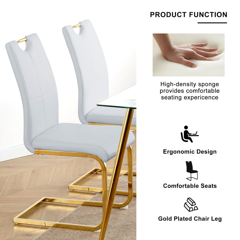 Modern Style Glass Dining Table With Elegant Transparent Design, Solid Support Base, Pale Yellow Dining Chair Set With Gold-Plated Legs, Suitable For Restaurant Kitchens