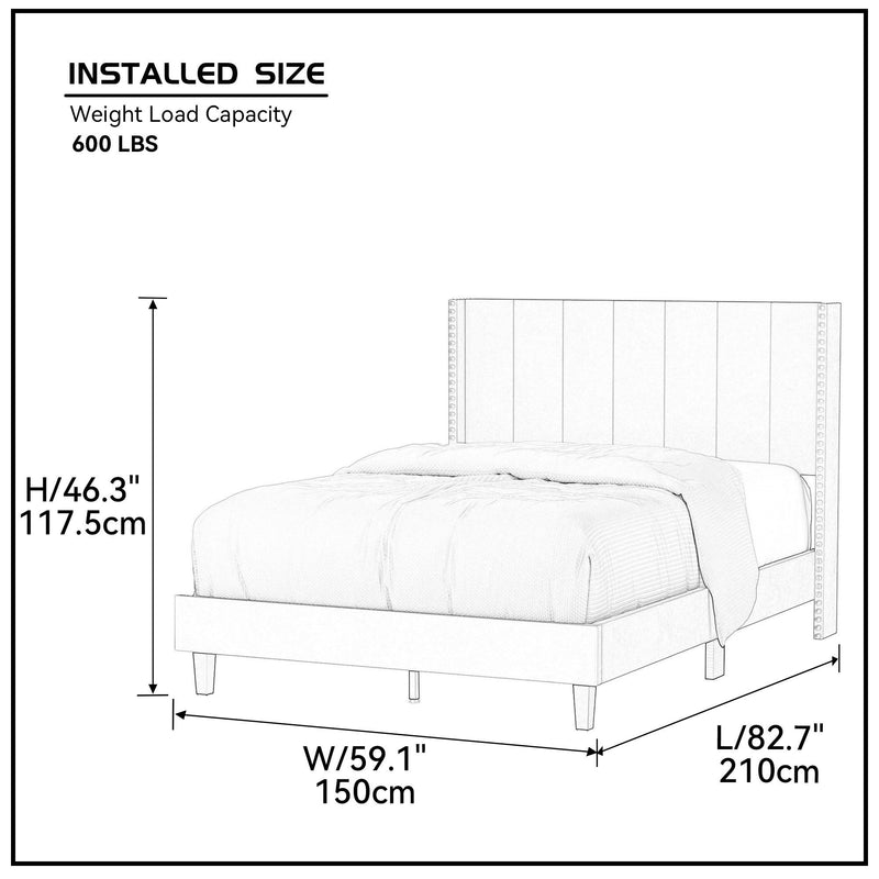 Velvet Upholstered Bed Frame with Vertical Channel Tufted Headboard,Modern Decorative Nailheads, Full size Bed Frame Beige