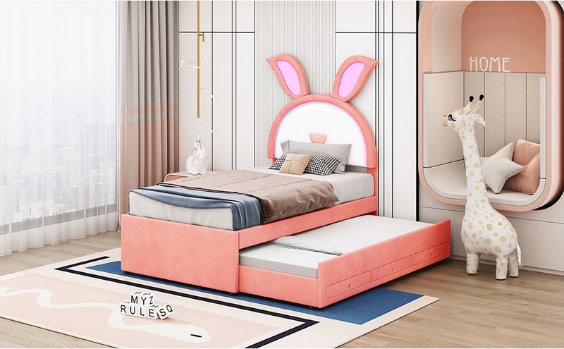 Twin Size Upholstered Platform Bed with Trundle and 3 Drawers, Rabbit-Shaped Headboard with Embedded LED Lights, Pink