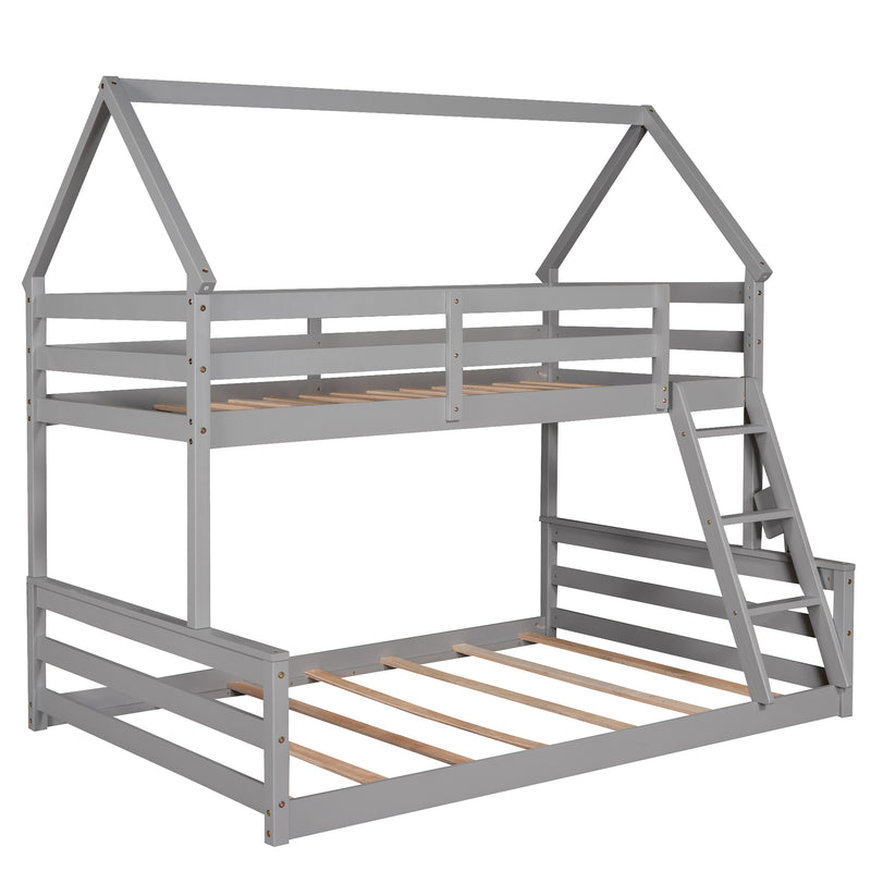 Twin over Full House Bunk Bed with Built-in Ladder,Gray