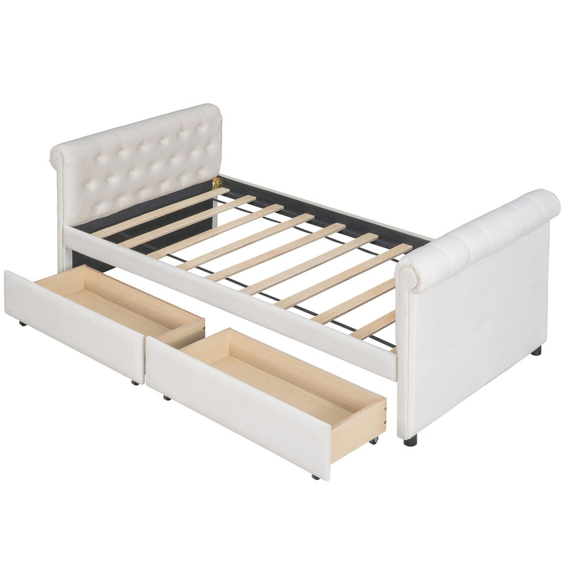 Twin Size Upholstered Daybed With Drawers, Wood Slat Support - Beige