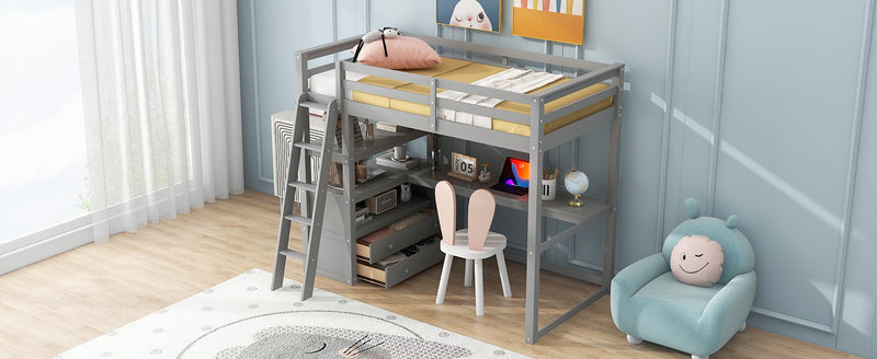 Twin Size Loft Bed with Desk and Shelves, Two Built-in Drawers, Gray(Old SKU: GX000423AAE)