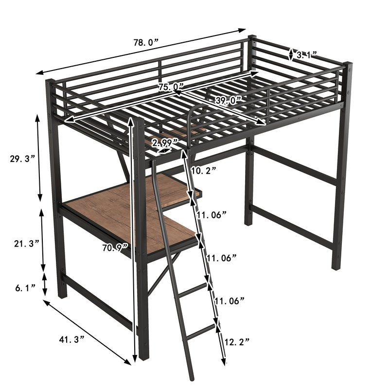 Twin Size Loft Metal&MDF Bed with Desk and Shelf, Black (Old SKU:SM001105AAB-1)