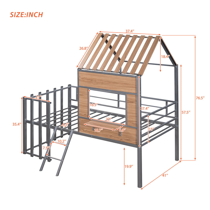 Twin Size Loft Bed With Roof, Window, Guardrail, Ladder