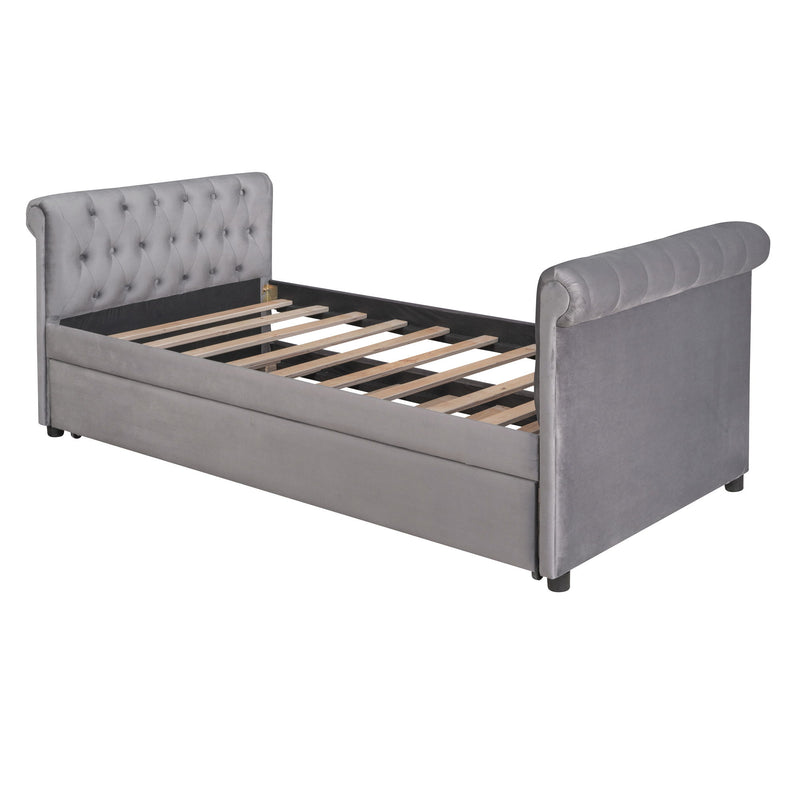 Twin Size Upholstered Daybed With Trundle, Wood Slat Support - Gray