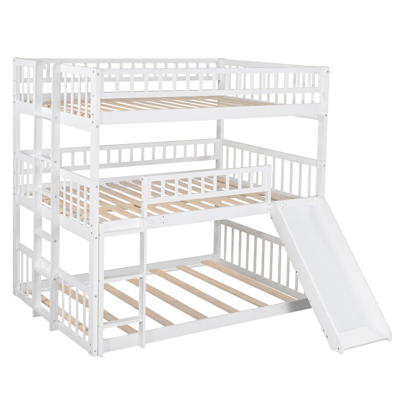 Full Over Full Over Full Triple Bed With Built In Ladder And Slide, Triple Bunk Bed With Guardrails - White