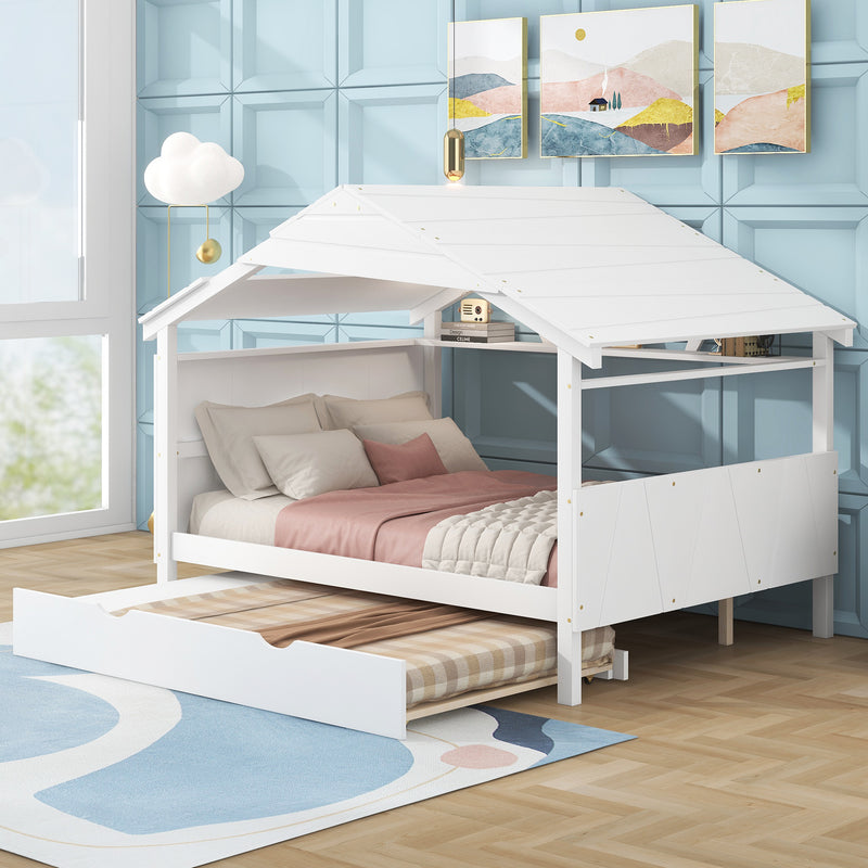 Wood Full Size House Bed with Twin Size Trundle and Storage, White