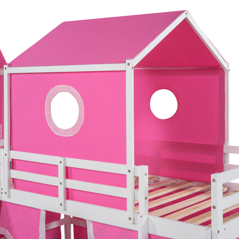 Twin Size Bunk Bed with Slide Pink Tent and Tower - Pink