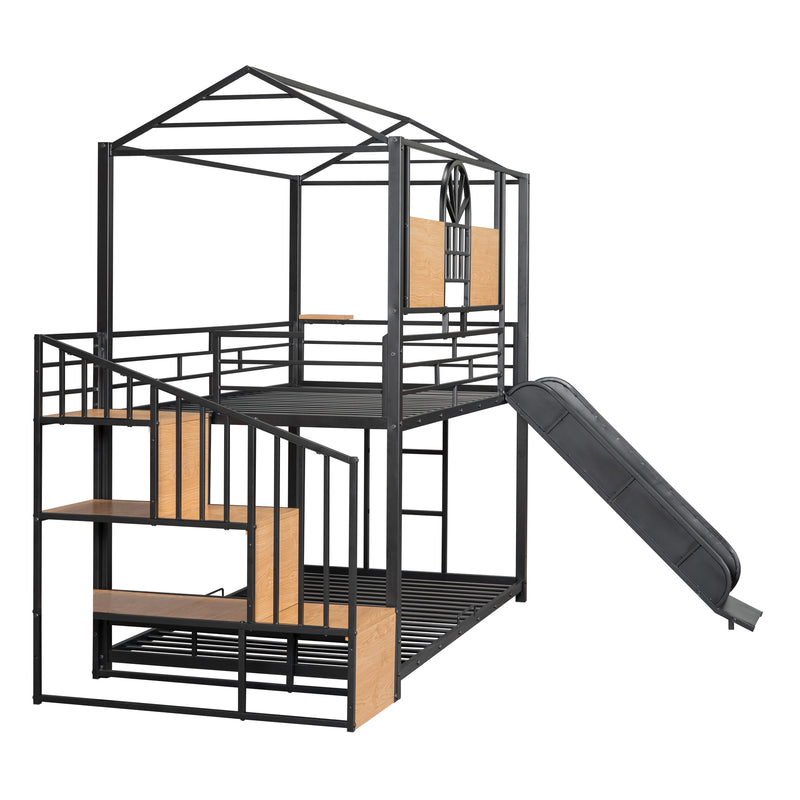 Twin Over Twin Metal Bunk Bed, Metal Housebed with Slide and Storage Stair, Black with Black Slide