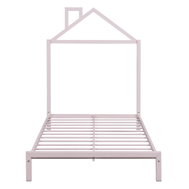 Twin Size Metal Platform Bed with House-Shaped Headboard Design, Pink