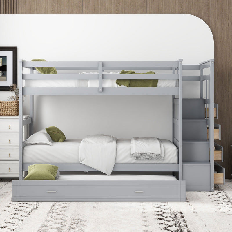 Twin Over Twin Bunk Bed with Trundle and Staircase,Gray(OLD SKU:LT000068AAE)