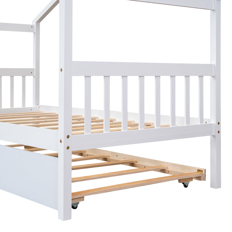 Twin Size Wooden House Bed with Twin Size Trundle, White