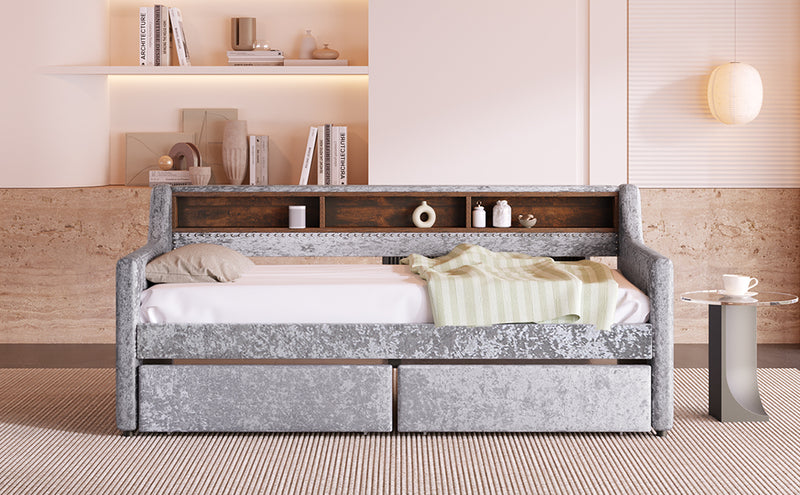 Twin Size Snowflake Velvet Daybed with Two Storage Drawers and Built-in Storage Shelves,Gray