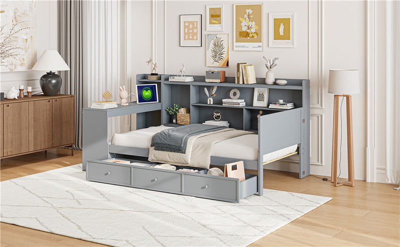 Twin Size Wooden Daybed With 3 Drawers, USB Ports And Desk - Gray