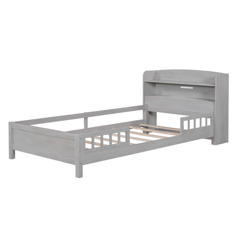 Wood Twin Size Platform Bed with Built-in LED Light, Storage Headboard and Guardrail, Antique Grey