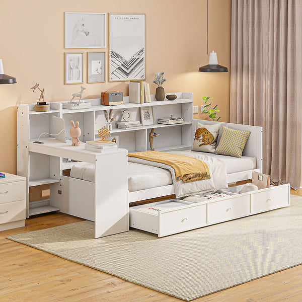 Twin Size Wooden Daybed With 3 Drawers, USB Ports And Desk - White