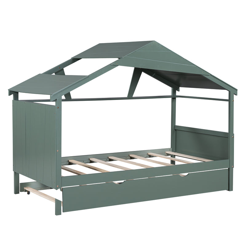 Wood Twin Size House Bed with Trundle and Storage, Green