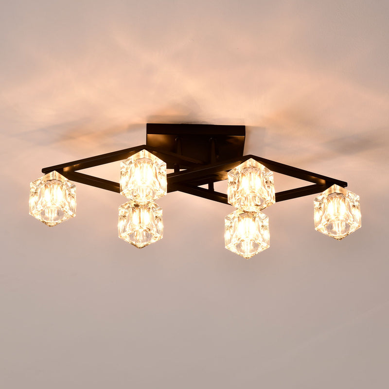 6 Light Crystal Ceiling Light For Dining Room, Modern Ceiling Lamp With Light Fixture For Farmhouse Entryway Living Room (6*G9 Bulbs Included) - Matte Black