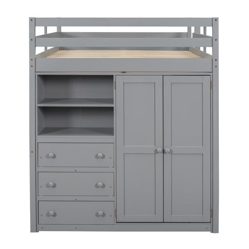 Wood Full Size Loft Bed with Built-in Wardrobe, Desk, Storage Shelves and Drawers, Gray