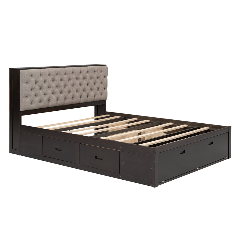 Wood Queen Size Platform Bed with Storage Headboard, shoe rack and 4 drawers,Espresso