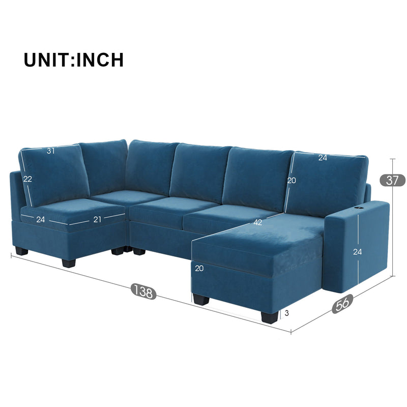 Modern L Shape Sectional Sofa, 6 Seat Velvet Couch With Convertible Chaise Lounge, Freely Combinable Indoor Furniture For Living Room