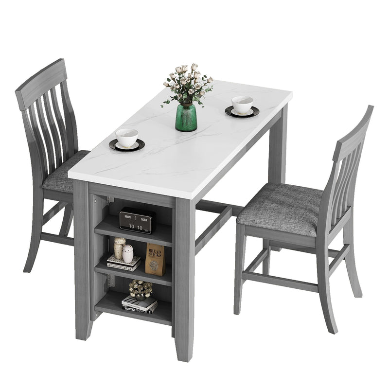 3-Piece Counter Height Dining Table Set With Built-In Storage Shelves, One Faux Marble Top Dining Table And 2 Counter Chairs With Footrest - Gray