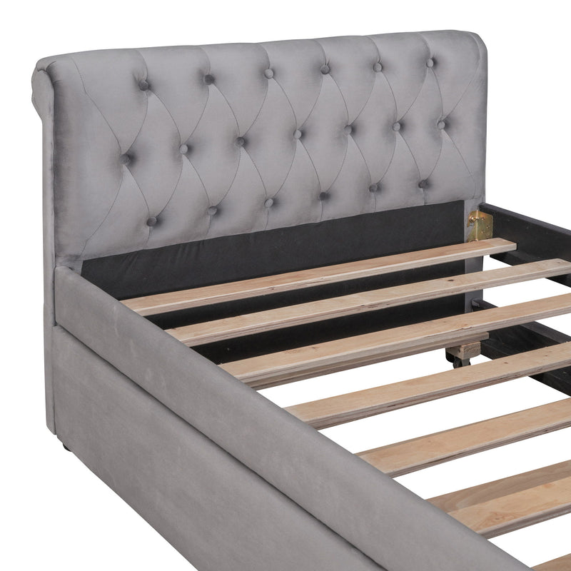 Twin Size Upholstered Daybed With Trundle, Wood Slat Support - Gray