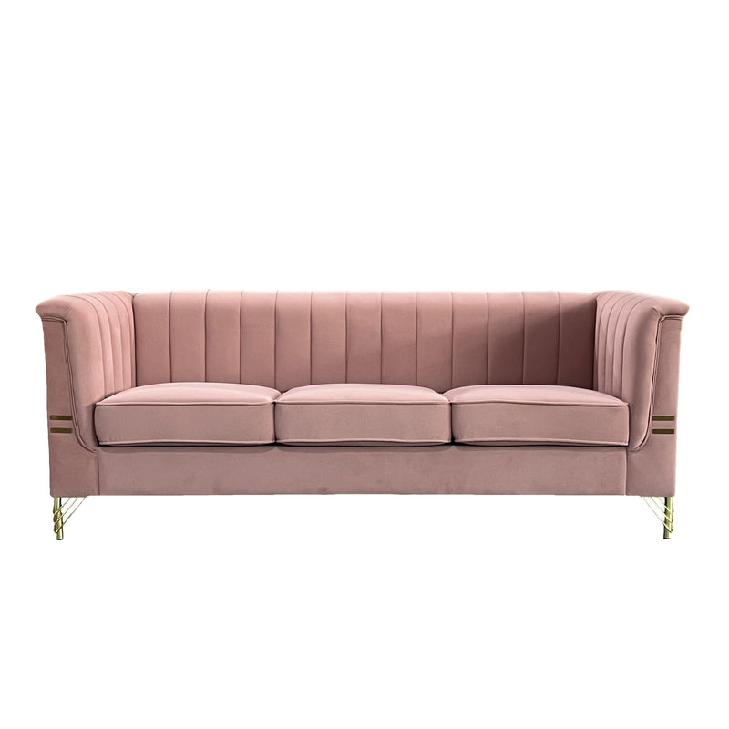 FX-P82-PK(SOFA) Modern Designs Velvet Upholstered Living Room Sofa, 3 Seat Sofa Couch With Golden Metal Legs For Home, Apartment Or Office - Pink