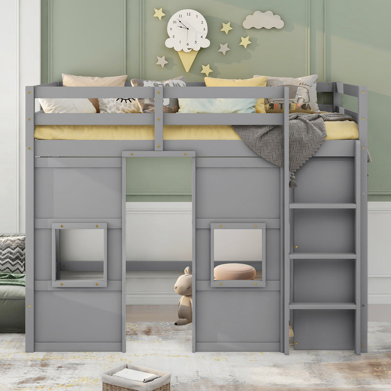 Wood Twin Size Loft Bed with Built-in Storage Wardrobe and 2 Windows, Gray