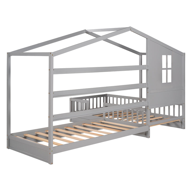 Wood House Bed Twin Size, 2 Twin Solid Bed L structure with fence and slatted frame （Gray)