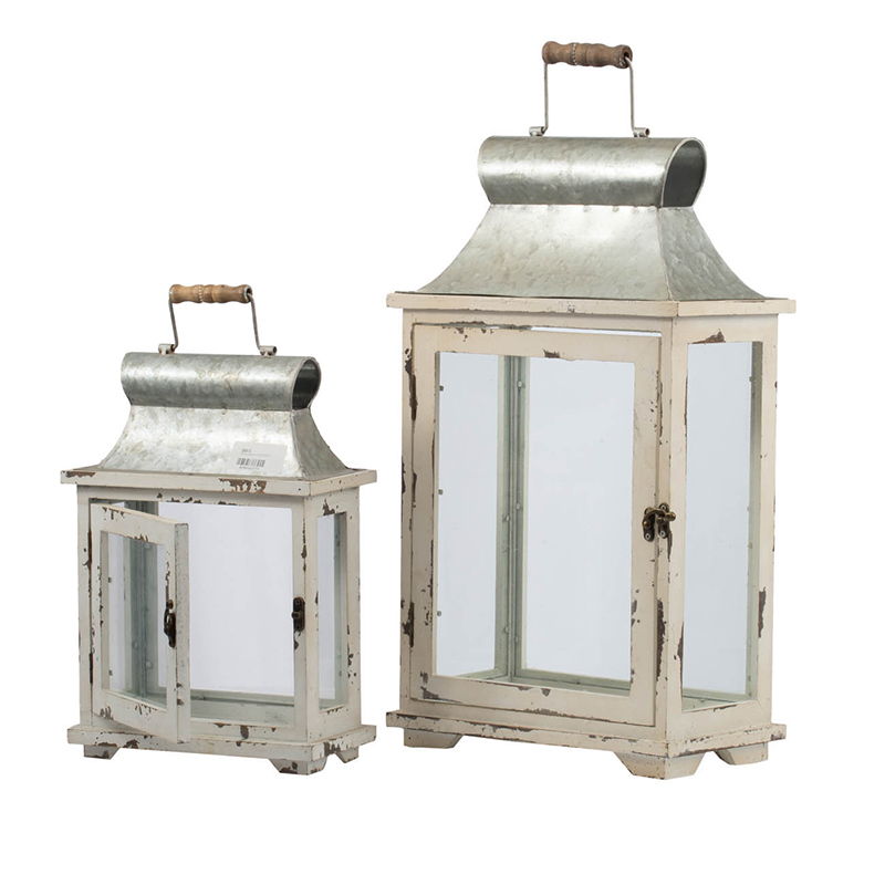 Wooden Candle Lantern Decorative, Hurricane Lantern Holder Decor For Indoor Outdoor, Home Garden Wedding (Set of 2) - White