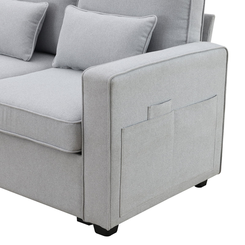 4 Seater Modern Linen Sofa With Armrest Pockets And 4 Pillows, Minimalist Style Couch For Living Room