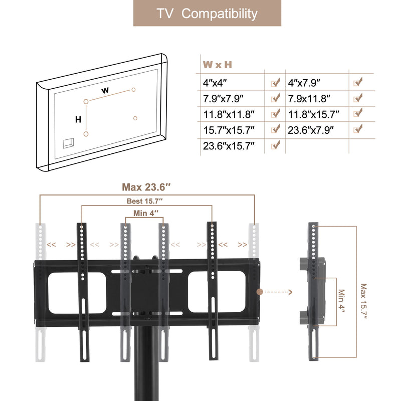 Height And Angle Adjustable Multi-Function Tempered Glass Metal Frame Floor With Lockable Wheels Mobile TV Stand, Lcd / Plasma TV Bracket 2 Tier Tempered Glass Shelves For Multiple Media Devices - Black