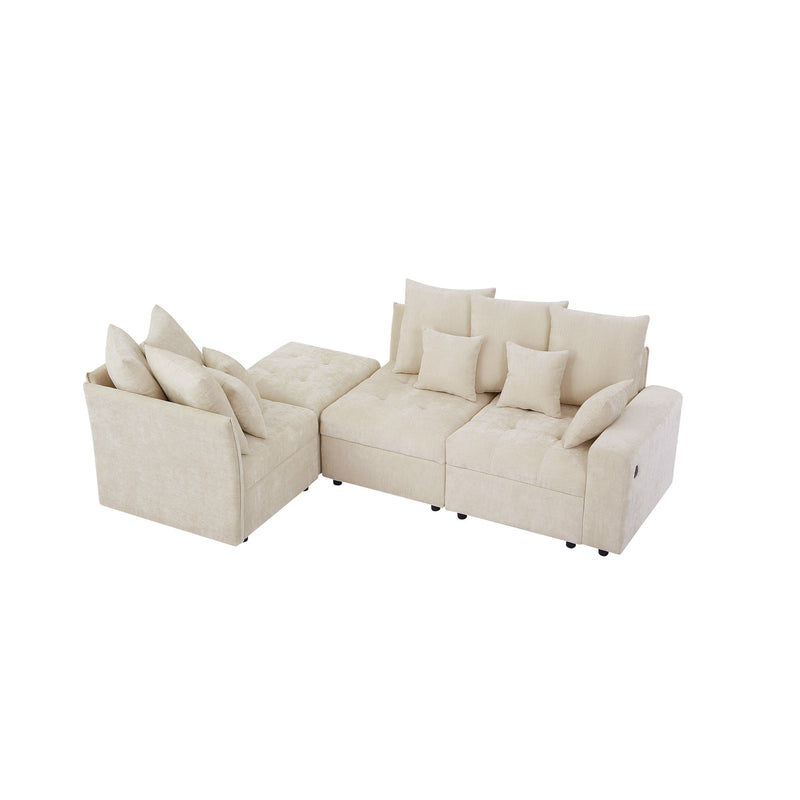 Sectional Sofa Modular Sofa Couch With Three USB Ports, A Removable Storage Ottoman And Five Back Pillows For Living Room