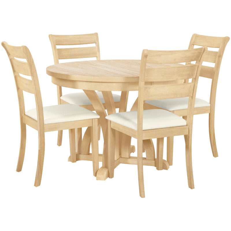 Topmax - 5 Piece Farmhouse Round Pedestal Extending Dining Table Set Extendable Kitchen Table Set With Removable Leaf And Ladder Back Dining Chairs For Small Places