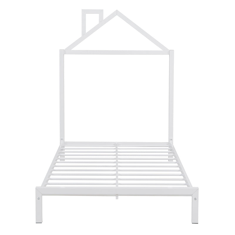 Twin Size Metal Platform Bed With House-Shaped Headboard Design