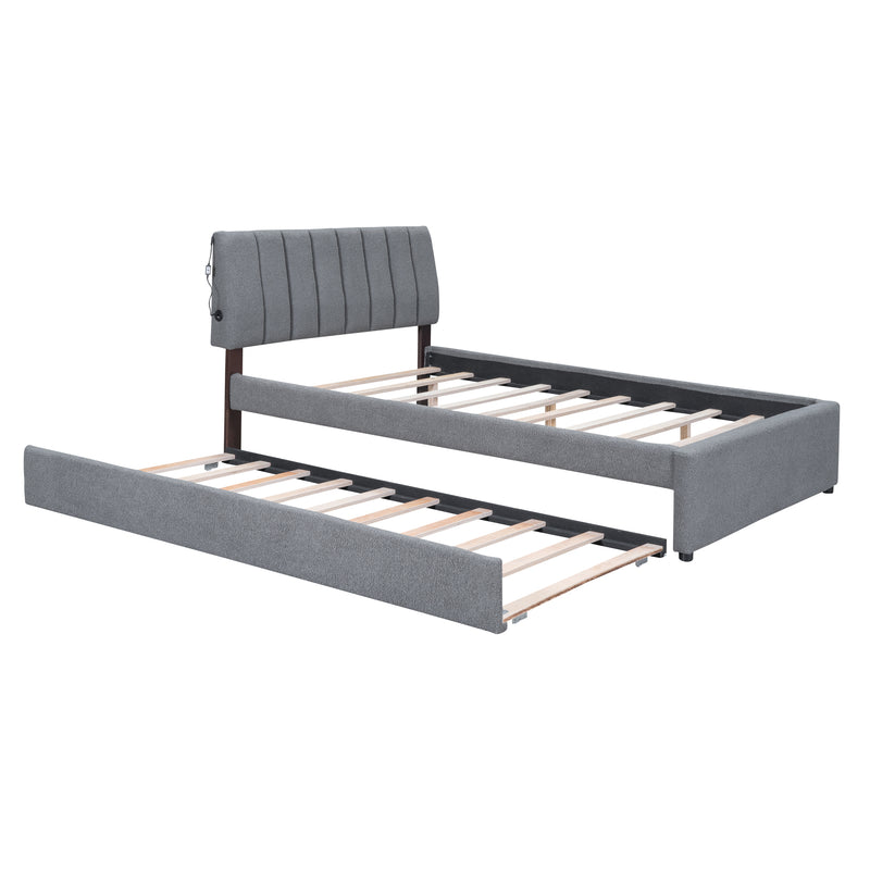 Teddy Fleece Full Size Upholstered Platform Bed with Trundle, Gray