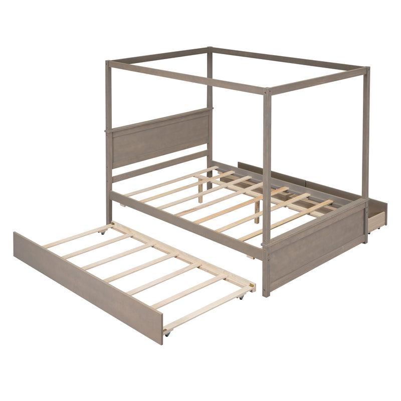 Wood Canopy Bed with Trundle Bed and two Drawers ,Full Size Canopy Platform bed With Support Slats .No Box Spring Needed, Brushed Light Brown