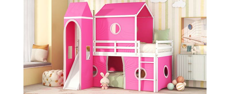 Twin Size Bunk Bed with Slide Pink Tent and Tower - Pink