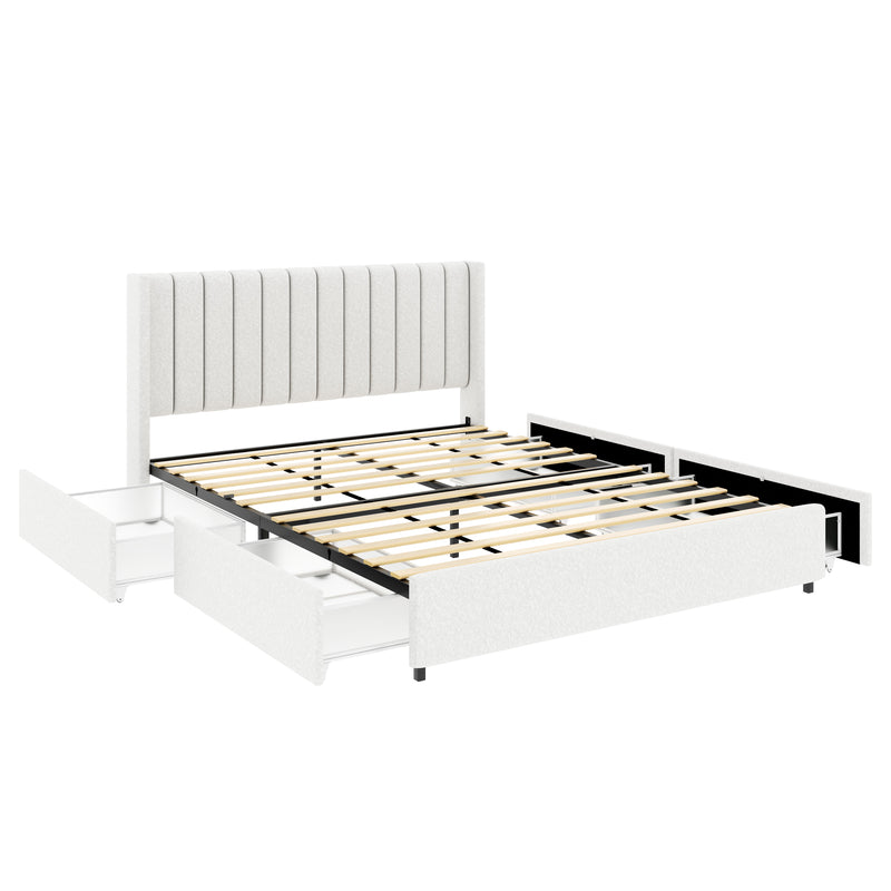 Anda Queen Size Ivory Boucle Upholstered Platform Bed with Patented 4 Drawers Storage, Tufted Headboard, Wooden Slat Mattress Support, No Box Spring Needed.