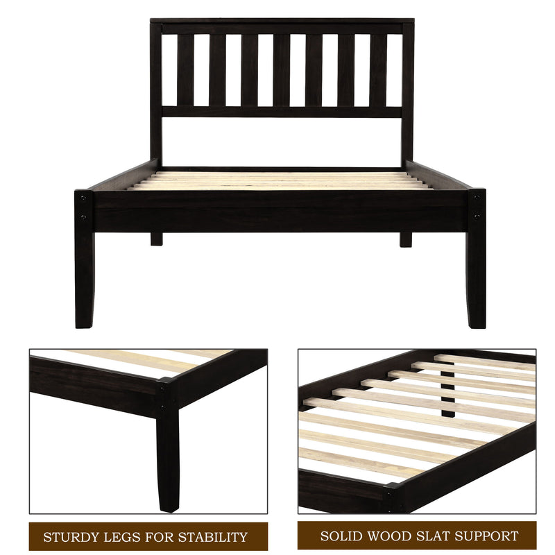 Twin Platform Bed With Headboard / Wood Slat Support - Espresso