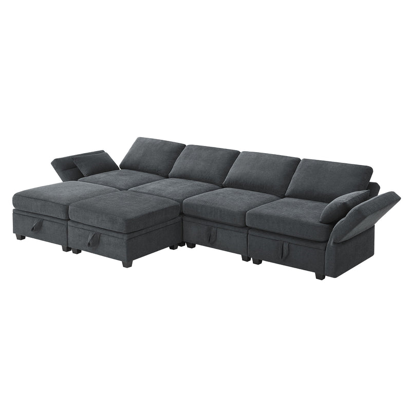 Chenille Modular Sectional Sofa, U Shaped Couch With Adjustable Armrests And Backrests, 6 Seat Reversible Sofa Bed With Storage Seats For Living Room, Apartment