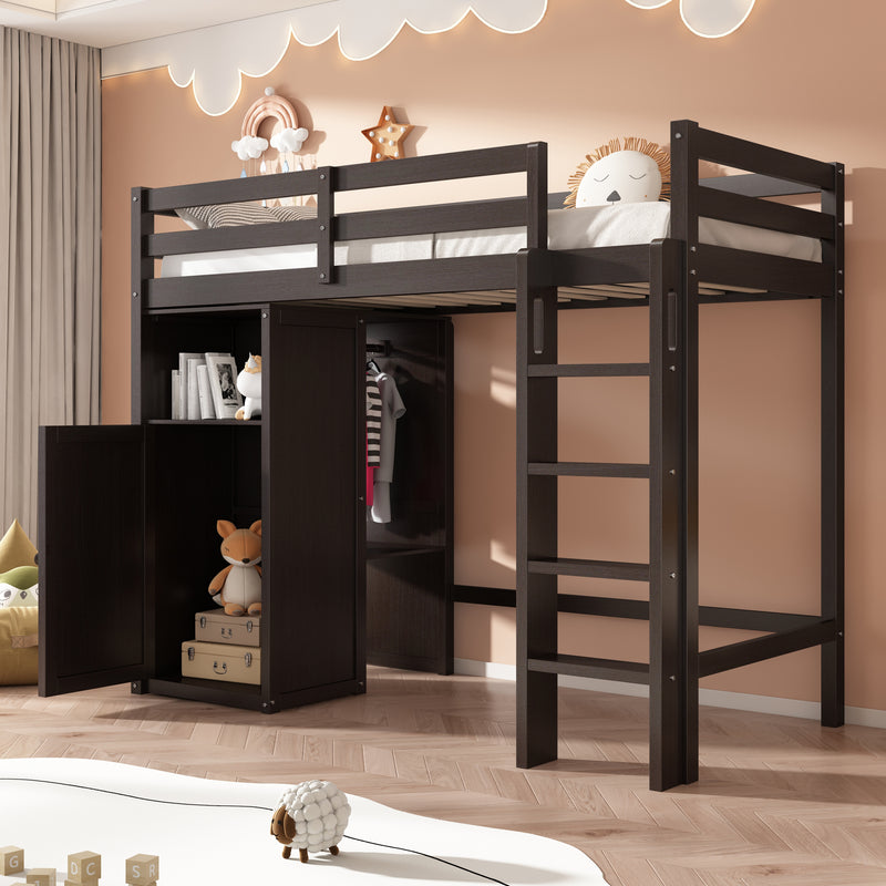 Twin Loft Bed with Wardrobe, Storage Shelves and Ladder, Espresso