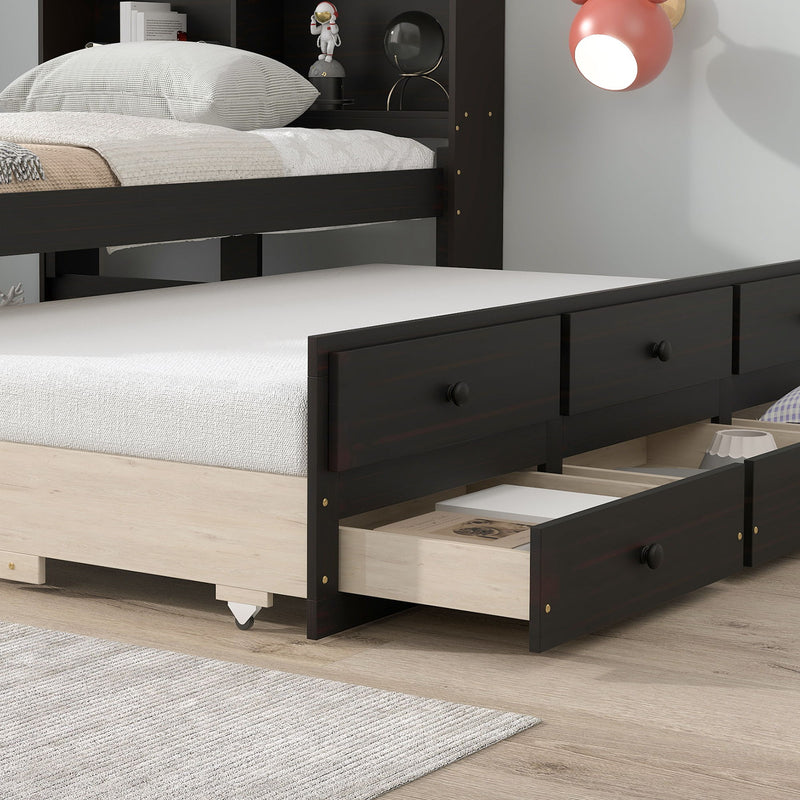 Twin Bed With Bookcase, Twin Trundle, Drawers - Espresso