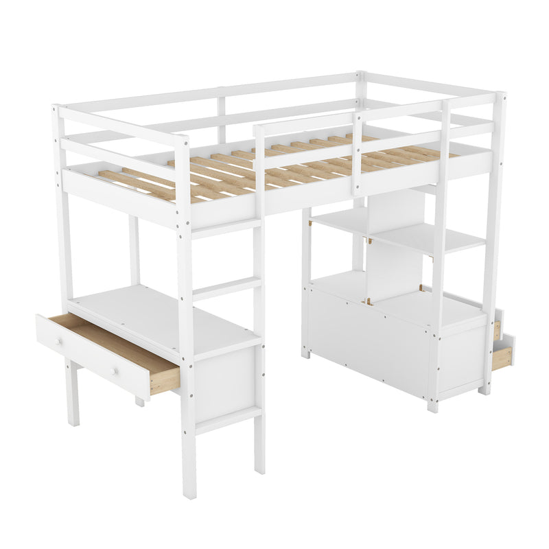 Twin  Size Loft Bed with Built-in Desk with Two Drawers, and Storage Shelves and Drawers,White