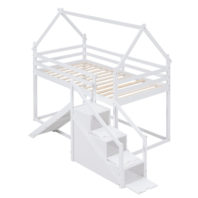 Twin Over Twin House Loft Or Bunk Bed With Slide And Staircase